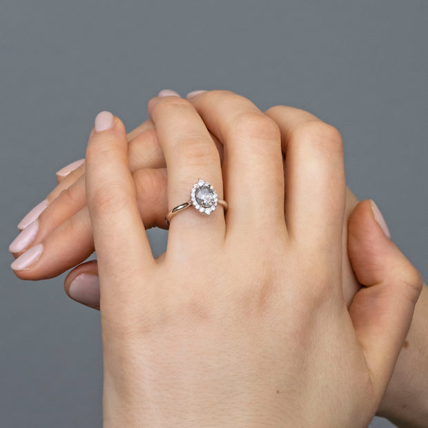 Ersa oval salt and pepper diamond cluster engagement ring
