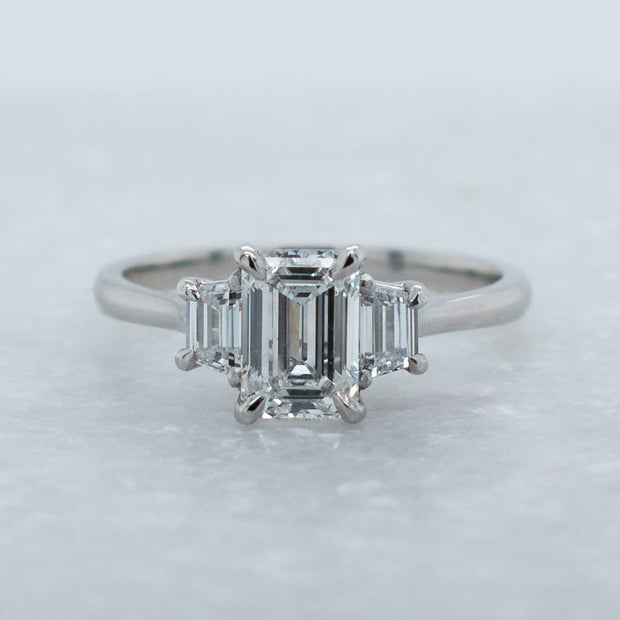 Noah James Jewellers Manchester In Stock Engagement Ring Camille Emerald Cut and Trapeze Cut 3 Stone Lab Grown Diamond Engagement Ring Platinum Lab Grown Diamond Moissanite
