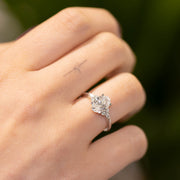 Freya Oval Cut Lab Grown Diamond Solitaire Engagement Ring With Fancy Trefoil Shoulders Platinum 1.50ct