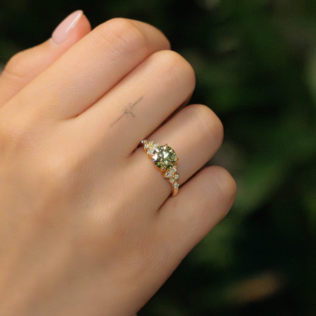 Gaia Round Brilliant Cut Green Lab Grown Diamond Engagement Ring with scattered diamond shoulders 18ct Yellow Gold 1.50ct