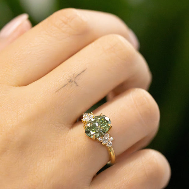 Selena Oval Cut Green Lab Grown Diamond Engagement Ring with Fancy Cluster Shoulders 18ct Yellow Gold 2.00ct