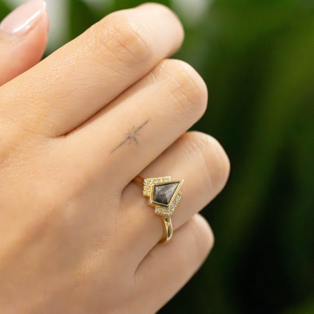 Astrid Kite Shape Salt and Pepper Diamond fancy half halo Ring 18ct yellow gold