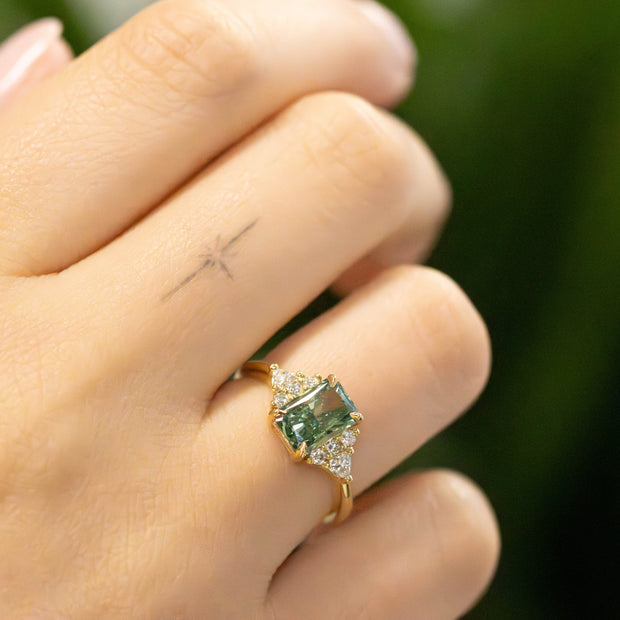 Juliet Radiant Cut Green Lab Grown Diamond Engagement Ring with fancy cluster shoulders 18ct yellow gold 1.50ct