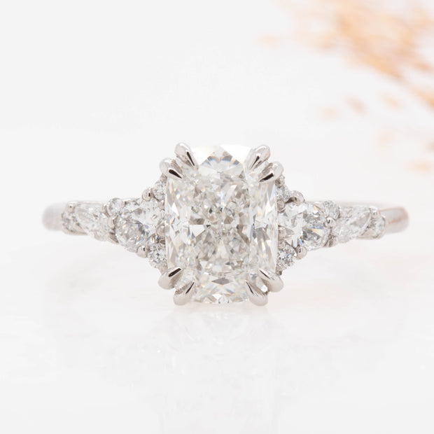 Lola Elongated Cushion Cut Lab Grown Diamond Engagement Ring with fancy cluster shoulders platinum 1.50ct