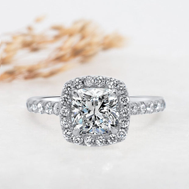 Noah James Jewellers Manchester Engagement Ring Adele Cushion Cut Halo Engagement Ring Platinum Lab Grown Diamond Moissanite