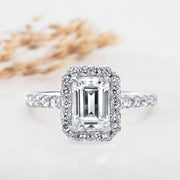 Noah James Jewellers Manchester Engagement Ring Adele Emerald Cut Halo Engagement Ring Platinum Lab Grown Diamond Moissanite
