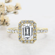 Noah James Jewellers Manchester Engagement Ring Adele Emerald Cut Halo Engagement Ring Yellow Gold Lab Grown Diamond Moissanite