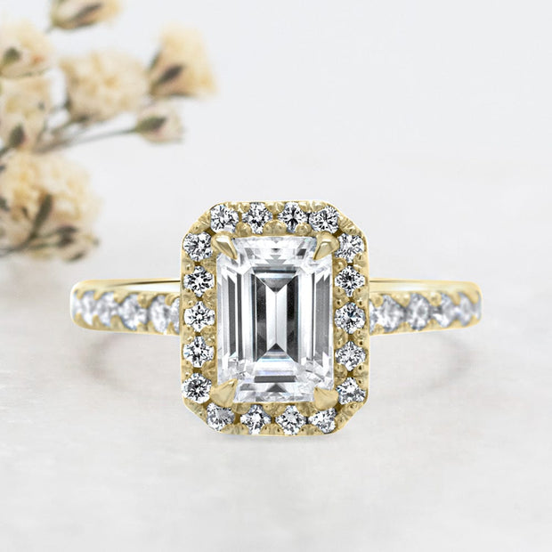Noah James Jewellers Manchester Engagement Ring Adele Emerald Cut Halo Engagement Ring Yellow Gold Lab Grown Diamond Moissanite