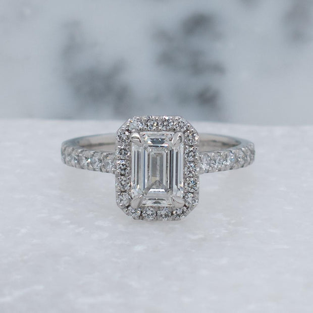 Noah James Jewellers Manchester In Stock Engagement Ring Adele Emerald Cut Lab Grown Diamond Halo Engagement Ring Lab Grown Diamond Moissanite