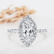 Noah James Jewellers Manchester Engagement Ring Adele Marquise Cut Halo Engagement Ring Platinum Lab Grown Diamond Moissanite