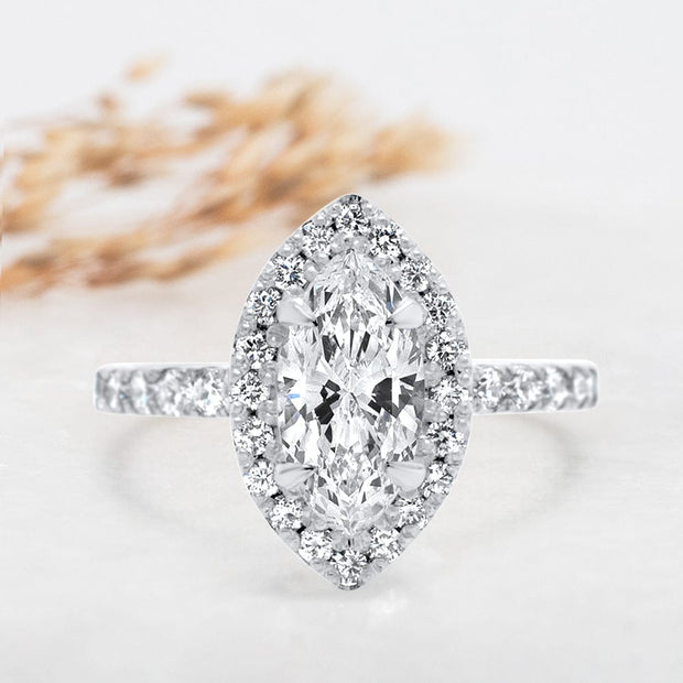 Noah James Jewellers Manchester Engagement Ring Adele Marquise Cut Halo Engagement Ring Platinum Lab Grown Diamond Moissanite