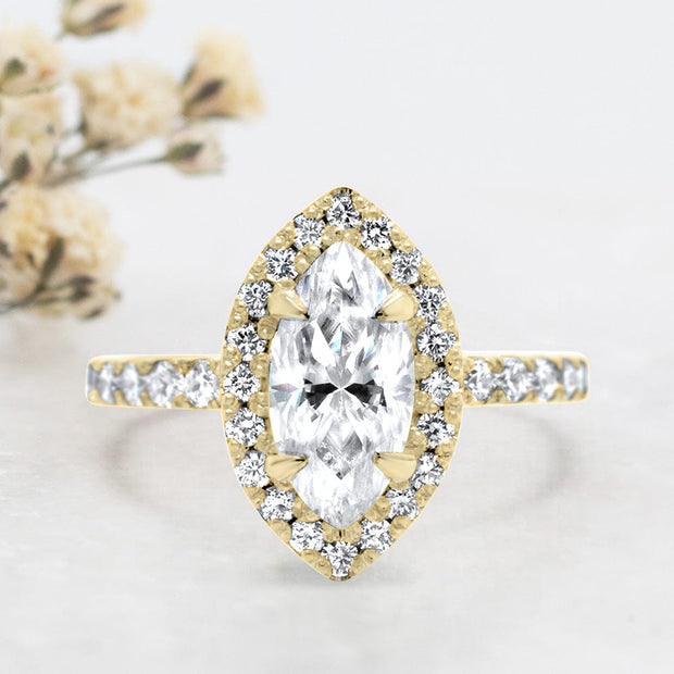 Noah James Jewellers Manchester Engagement Ring Adele Marquise Cut Halo Engagement Ring Yellow Gold Lab Grown Diamond Moissanite