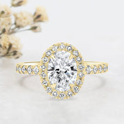 Noah James Jewellers Manchester Engagement Ring Adele Oval Cut Halo Engagement Ring Yellow Gold Lab Grown Diamond Moissanite