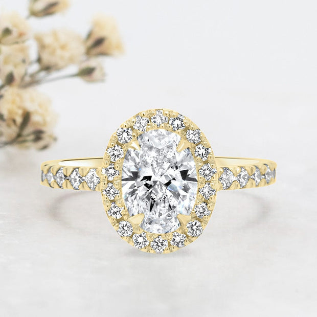 Noah James Jewellers Manchester Engagement Ring Adele Oval Cut Halo Engagement Ring Yellow Gold Lab Grown Diamond Moissanite