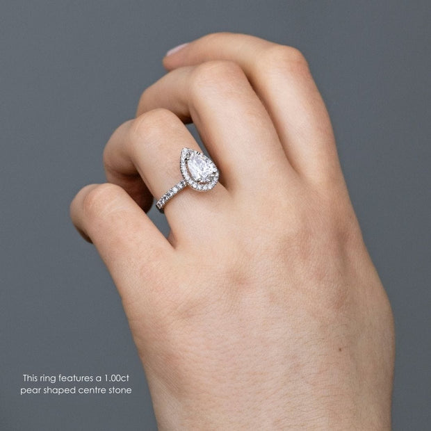 Noah James Jewellers Manchester Engagement Ring Adele Pear Shape Halo Engagement Ring Platinum Lab Grown Diamond Moissanite