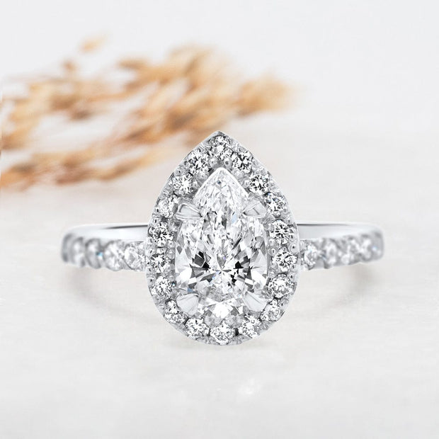 Noah James Jewellers Manchester Engagement Ring Adele Pear Shape Halo Engagement Ring Platinum Lab Grown Diamond Moissanite