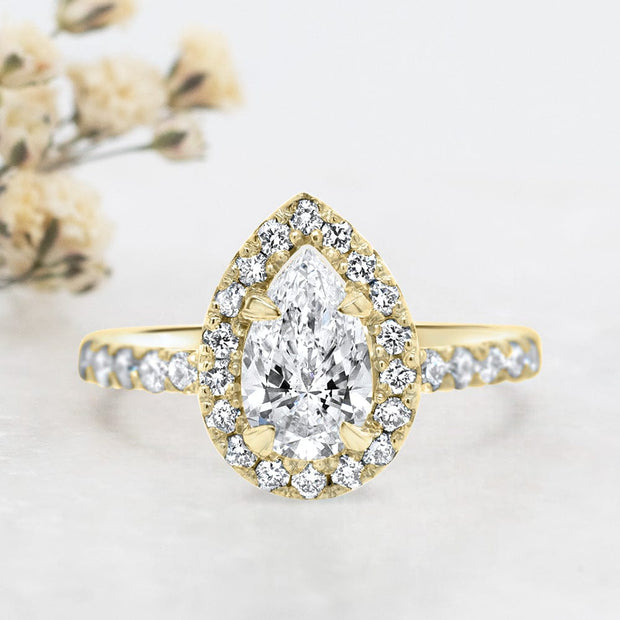 Noah James Jewellers Manchester Engagement Ring Adele Pear Shape Halo Engagement Ring Yellow Gold Lab Grown Diamond Moissanite