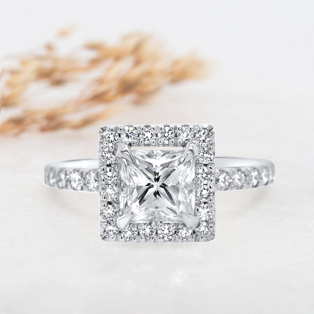 Noah James Jewellers Manchester Engagement Ring Adele Princess Cut Halo Engagement Ring Platinum Lab Grown Diamond Moissanite