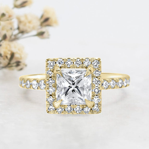 Noah James Jewellers Manchester Engagement Ring Adele Princess Cut Halo Engagement Ring Yellow Gold Lab Grown Diamond Moissanite