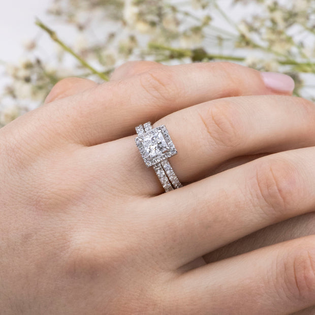 Noah James Jewellers Manchester Engagement Ring Adele Princess Cut Halo Engagement Ring Yellow Gold Lab Grown Diamond Moissanite