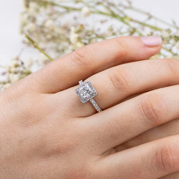 Noah James Jewellers Manchester Engagement Ring Adele Princess Cut Halo Engagement Ring Yellow Gold Lab Grown Diamond Moissanite