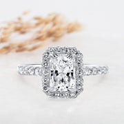 Noah James Jewellers Manchester Engagement Ring Adele Radiant Cut Halo Engagement Ring Platinum Lab Grown Diamond Moissanite