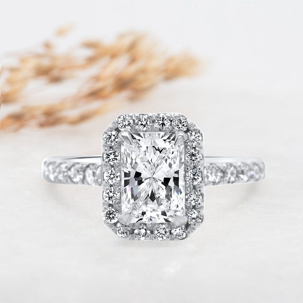 Noah James Jewellers Manchester Engagement Ring Adele Radiant Cut Halo Engagement Ring Platinum Lab Grown Diamond Moissanite