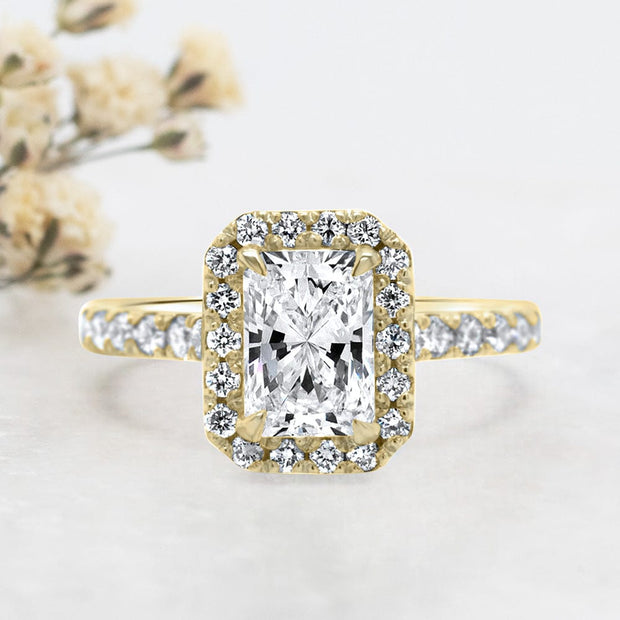 Noah James Jewellers Manchester Engagement Ring Adele Radiant Cut Halo Engagement Ring Yellow Gold Lab Grown Diamond Moissanite