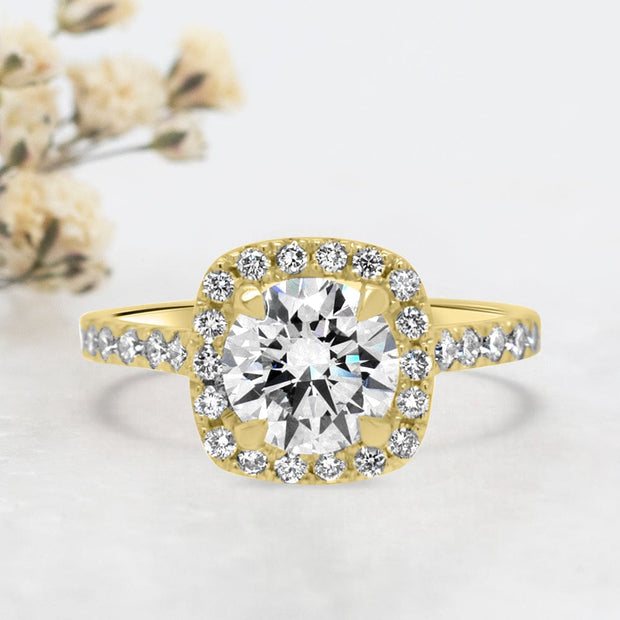 Noah James Jewellers Manchester Engagement Ring Adele Round Brilliant Cut  Cushion Shape Halo Engagement Ring Yellow Gold Lab Grown Diamond Moissanite