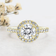 Noah James Jewellers Manchester Engagement Ring Adele Round Brilliant Cut Halo Engagement Ring Yellow Gold Lab Grown Diamond Moissanite