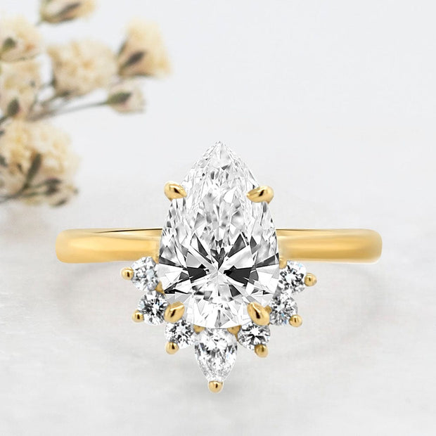 Noah James Jewellers Manchester Engagement Ring 18ct Yellow Adriana Pear Shape Fancy Half Halo Engagement Ring Yellow Gold Lab Grown Diamond Moissanite