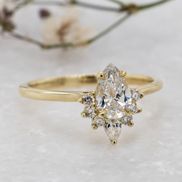 Noah James Jewellers Manchester Engagement Ring Adriana Pear Shape Fancy Half Halo Engagement Ring Yellow Gold Lab Grown Diamond Moissanite