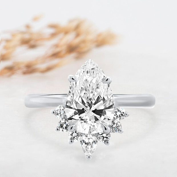 Noah James Jewellers Manchester Engagement Ring Platinum Adriana Pear Shape Fancy Half Halo Engagement Ring Yellow Gold Lab Grown Diamond Moissanite