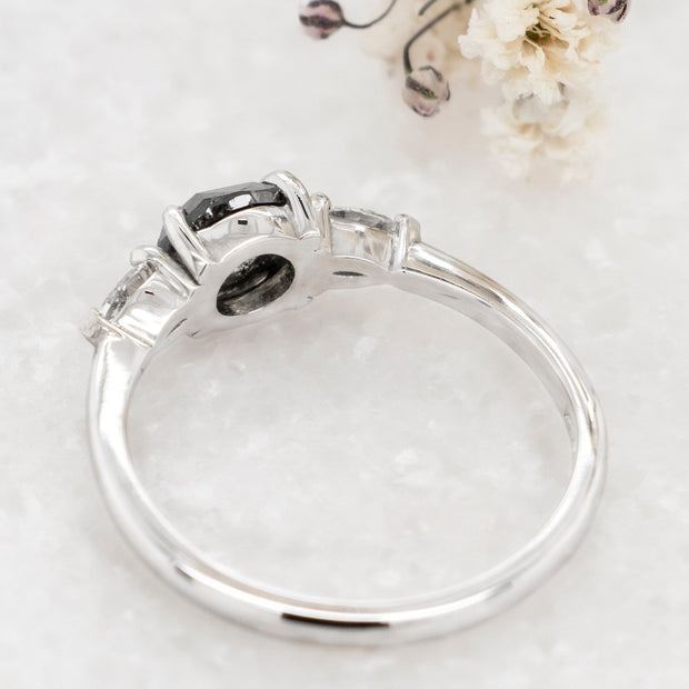 Noah James Jewellers Manchester In Stock Engagement Ring Alicia Rose Cut Salt and Pepper Diamond 3 stone Ring Platinum Lab Grown Diamond Moissanite