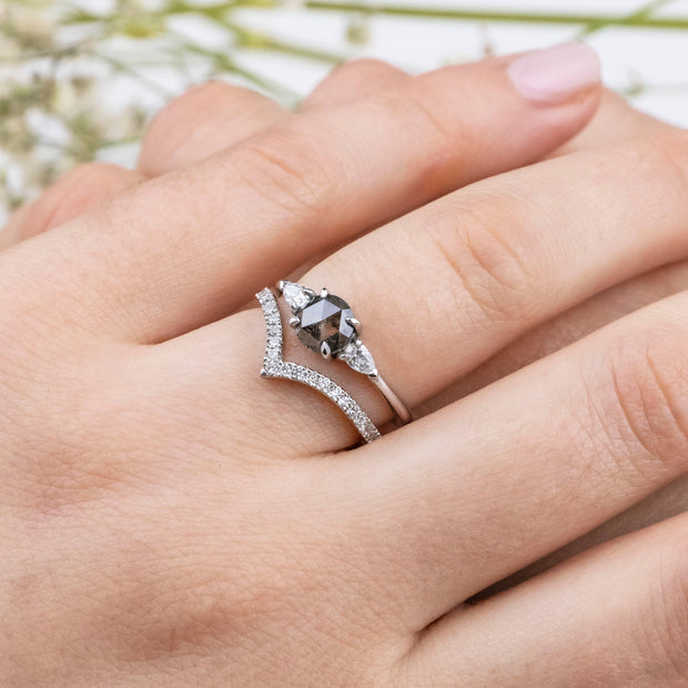 Noah James Jewellers Manchester In Stock Engagement Ring Alicia Rose Cut Salt and Pepper Diamond 3 stone Ring Platinum Lab Grown Diamond Moissanite