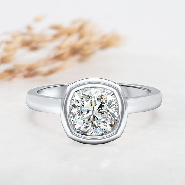 Noah James Jewellers Manchester Engagement Ring Alyssa Cushion Cut Rubover Solitaire Engagement Ring Platinum Lab Grown Diamond Moissanite