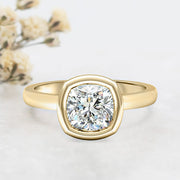 Noah James Jewellers Manchester Engagement Ring Alyssa Cushion Cut Rubover Solitaire Engagement Ring Yellow Gold Lab Grown Diamond Moissanite
