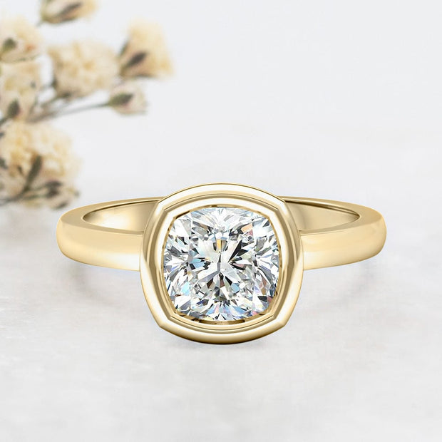 Noah James Jewellers Manchester Engagement Ring Alyssa Cushion Cut Rubover Solitaire Engagement Ring Yellow Gold Lab Grown Diamond Moissanite