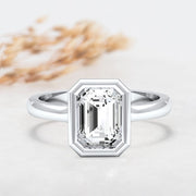 Noah James Jewellers Manchester Engagement Ring Alyssa Emerald Cut Rubover Solitaire Engagement Ring Platinum Lab Grown Diamond Moissanite