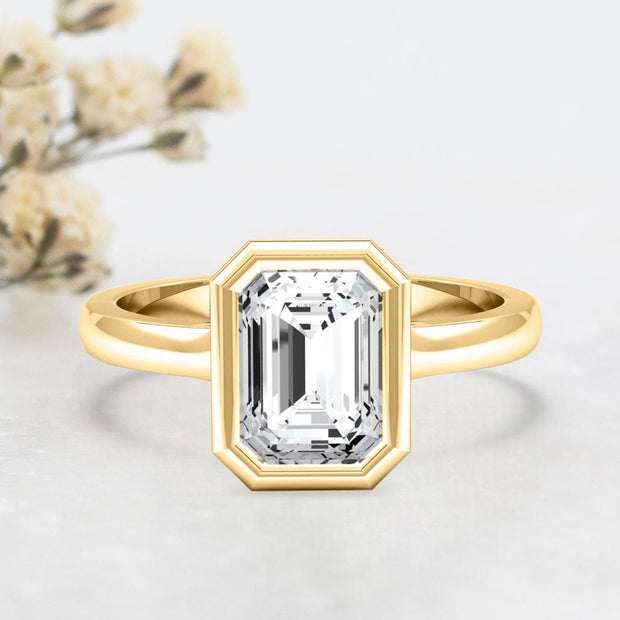 Noah James Jewellers Manchester Engagement Ring Alyssa Emerald Cut Rubover Solitaire Engagement Ring Yellow Gold Lab Grown Diamond Moissanite