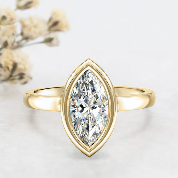 Noah James Jewellers Manchester Engagement Ring Alyssa Marquise Cut Rubover Solitaire Engagement Ring Yellow Gold Lab Grown Diamond Moissanite