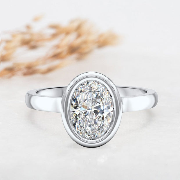 Noah James Jewellers Manchester Engagement Ring Alyssa Oval Cut Rubover Solitaire Engagement Ring Platinum Lab Grown Diamond Moissanite