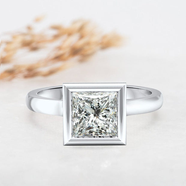 Noah James Jewellers Manchester Engagement Ring Alyssa Princess Cut Rubover Solitaire Engagement Ring Platinum Lab Grown Diamond Moissanite