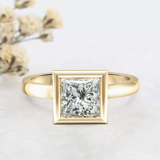 Noah James Jewellers Manchester Engagement Ring Alyssa Princess Cut Rubover Solitaire Engagement Ring Yellow Gold Lab Grown Diamond Moissanite