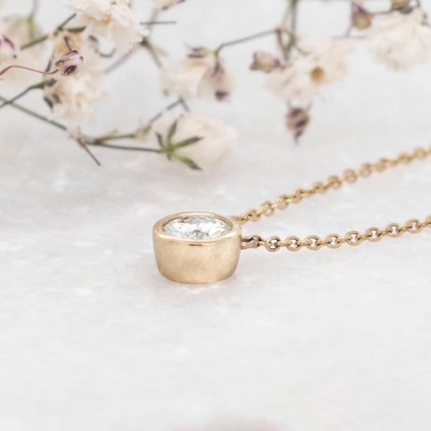 Noah James Jewellers Manchester In Stock Pendant Alyssa Round Brilliant Cut Moissanite Rubover Set Pendant 9ct Yellow Gold Lab Grown Diamond Moissanite