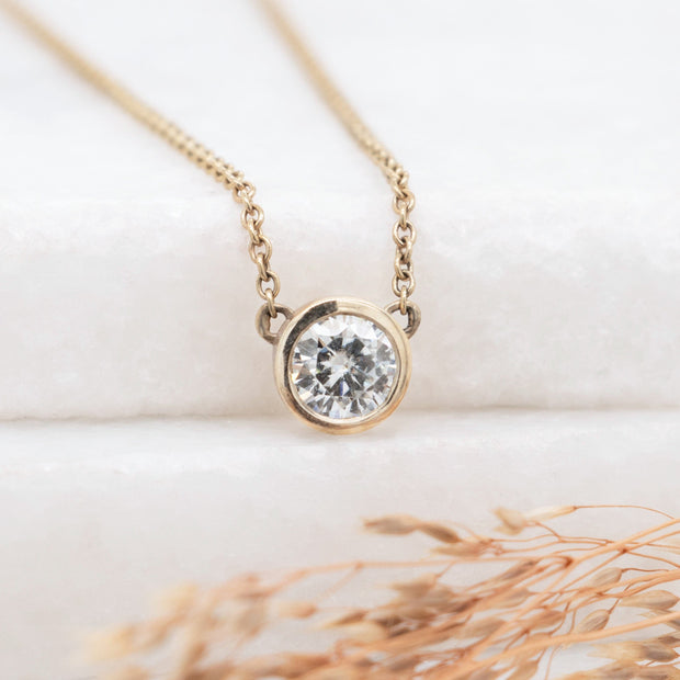 Noah James Jewellers Manchester In Stock Pendant Alyssa Round Brilliant Cut Moissanite Rubover Set Pendant 9ct Yellow Gold Lab Grown Diamond Moissanite