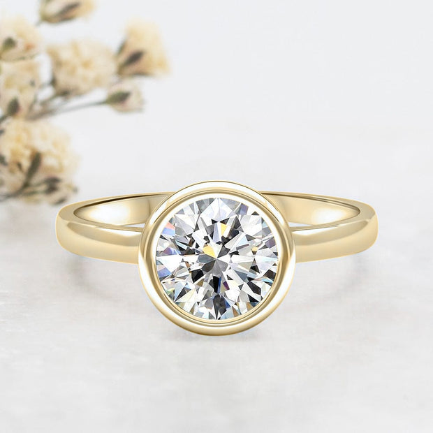 Noah James Jewellers Manchester Engagement Ring Alyssa Round Brilliant Cut Rubover Solitaire Engagement Ring Yellow Gold Lab Grown Diamond Moissanite