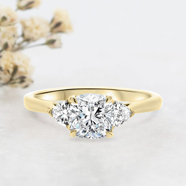 Noah James Jewellers Manchester Engagement Ring Aquila Cushion Cut and Trilliant Cut Engagement Ring Yellow Gold Lab Grown Diamond Moissanite