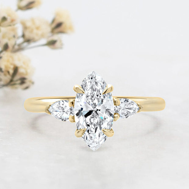 Noah James Jewellers Manchester Engagement Ring Aquila Marquise and Trilliant Engagement Ring Yellow Gold Lab Grown Diamond Moissanite