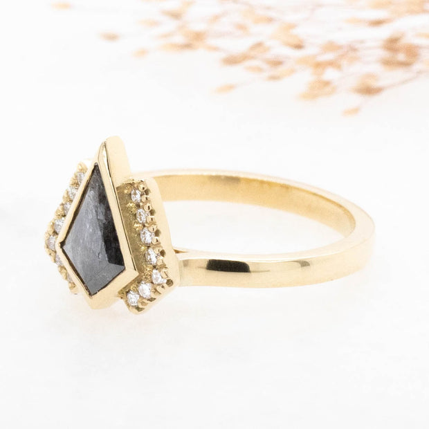 Noah James Jewellers Manchester In Stock Engagement Ring Astrid Kite Shape Salt and Pepper Diamond fancy half halo Ring 18ct yellow gold Lab Grown Diamond Moissanite